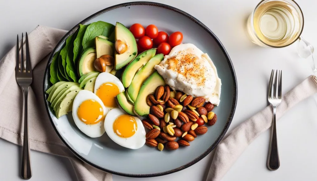 A picture of a plate filled with foods commonly found in the keto diet, such as eggs, avocado, nuts, and fatty fish.